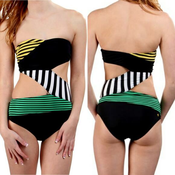 THE OPEN stripe polka dot cutout bandeau monokini one piece swimsuit black white - Picture 9 of 11